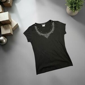 Get Lucky USA Womens Y2K Black Rhinestone Studded Short‎ Sleeve Tee Small